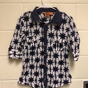 Tory Burch Purple Patterned Button Down with 3/4 Length Sleeves